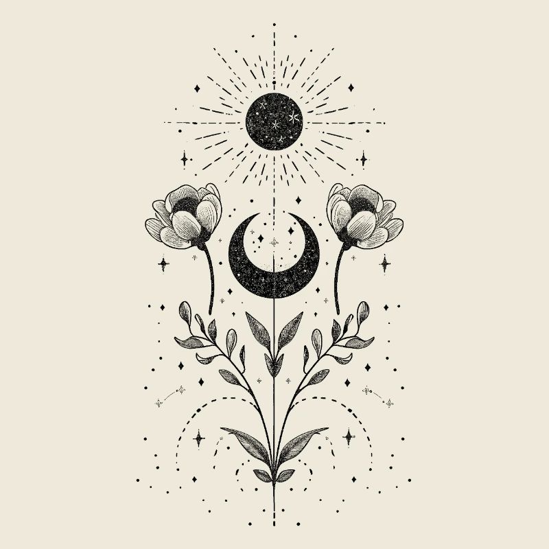 Soleil et lune bohèmes avec des éléments floraux