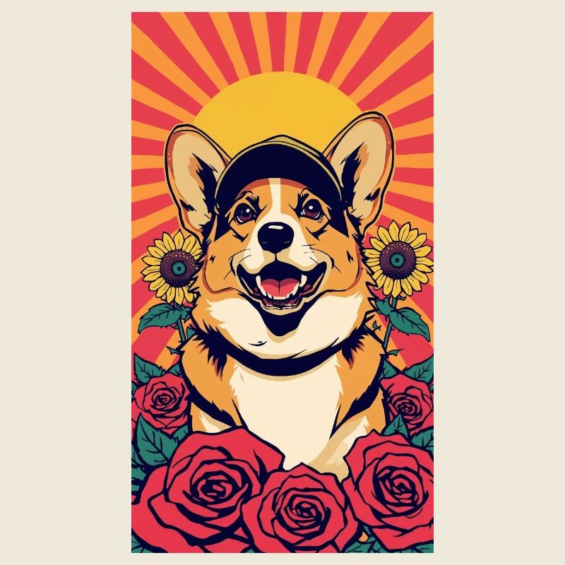 Corgi-Sonnenschein und Rosen