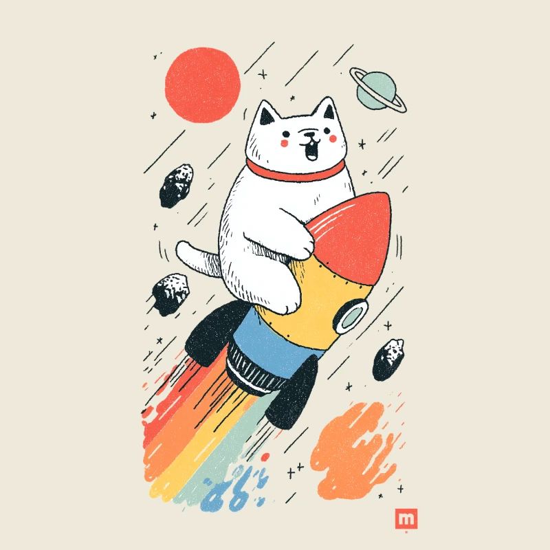 Chat sur fusée dans l’espace coloré
