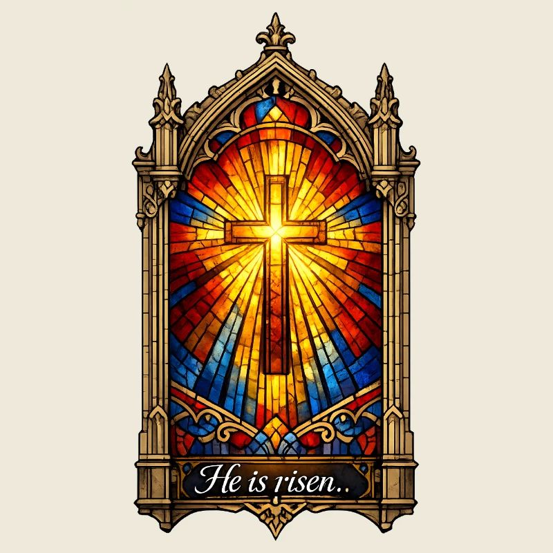 He is Risen Cross in Stained Glass Window Easter