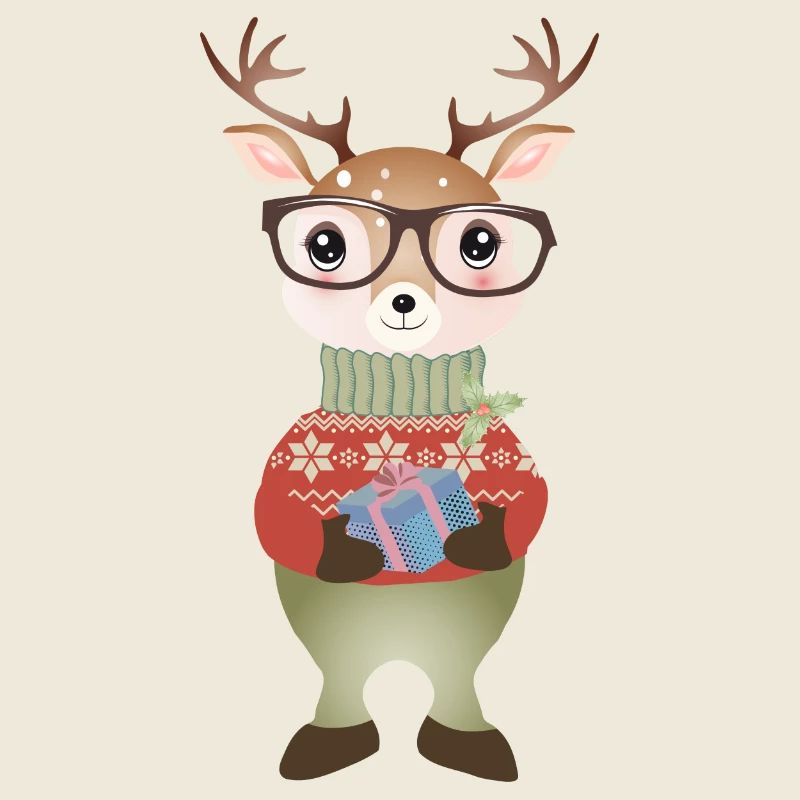 cerf mignon avec cadeau de Noël et lunettes