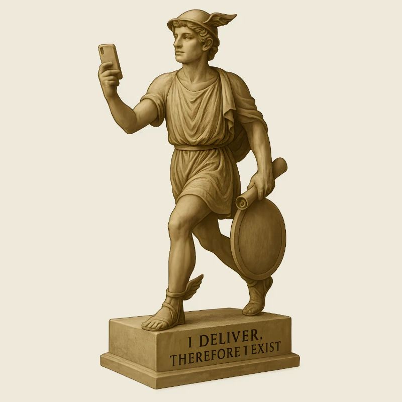 Antike Philosophenfigur mit Smartphone