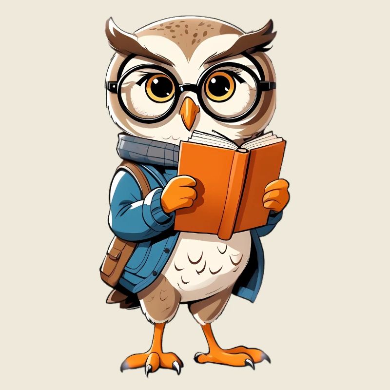 Lernende Eule mit Brille liest Buch
