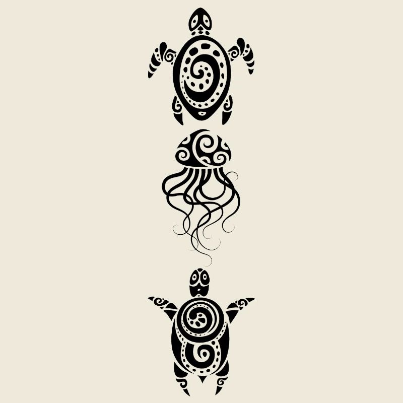 A jellyfish and two turtles (black)