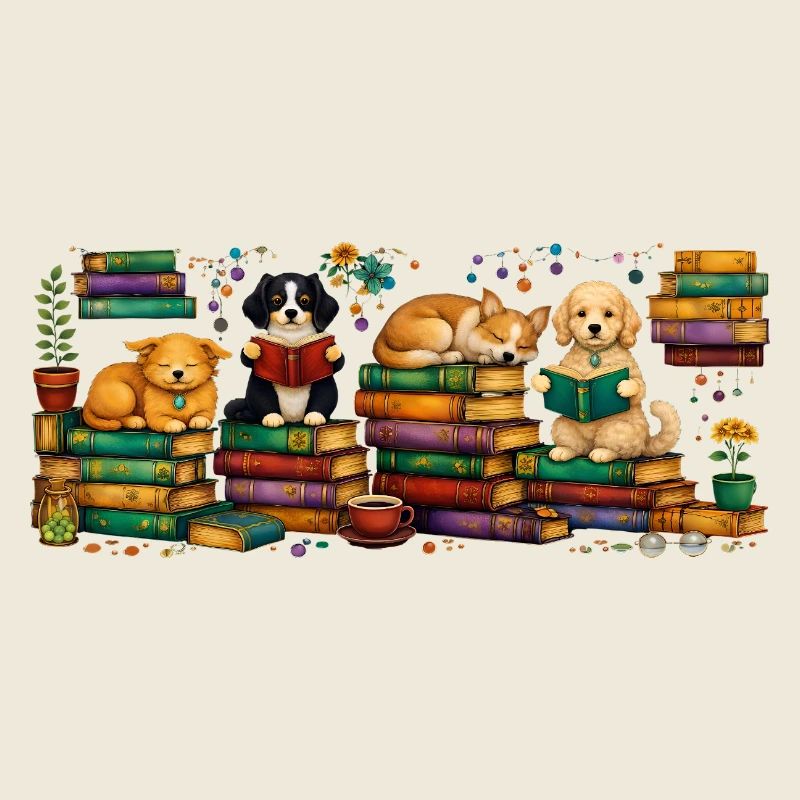 Lesende Hunde mit Bücherstapeln