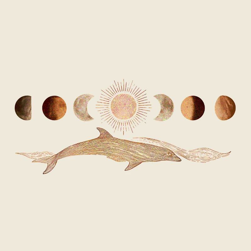 Dolphin with golden moon phases in mystical boho