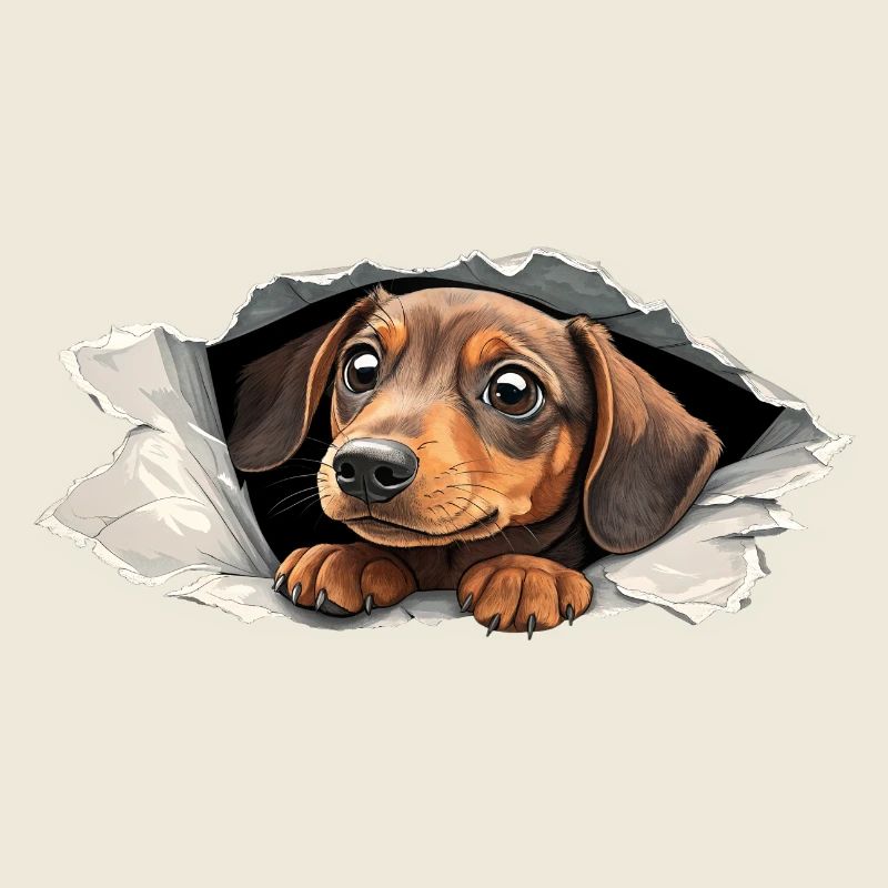 Petit chiot teckel mignon qui regarde en papier Déchirure Drôle de chien