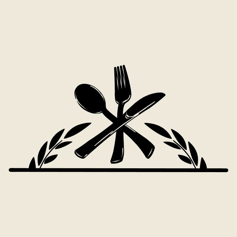 Cutlery menu logo with half laurel wreath.