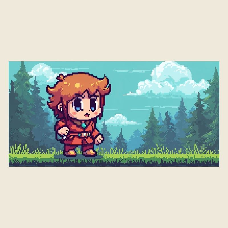 Héros pixel dans la scène du jeu d’aventure en forêt