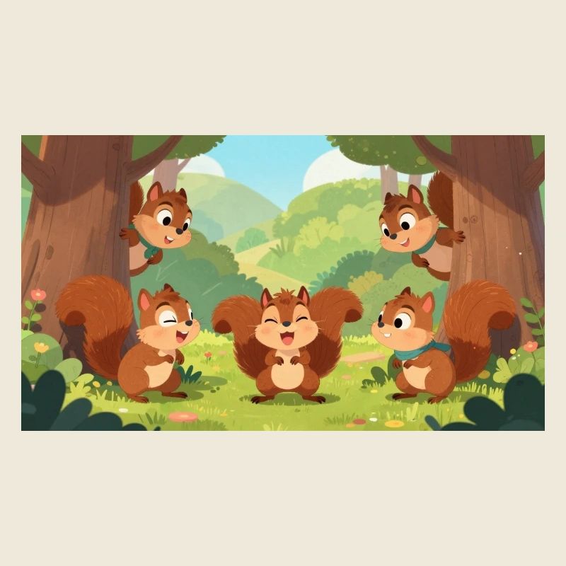 Eichhörnchenfreunde spielen Verstecken im Wald