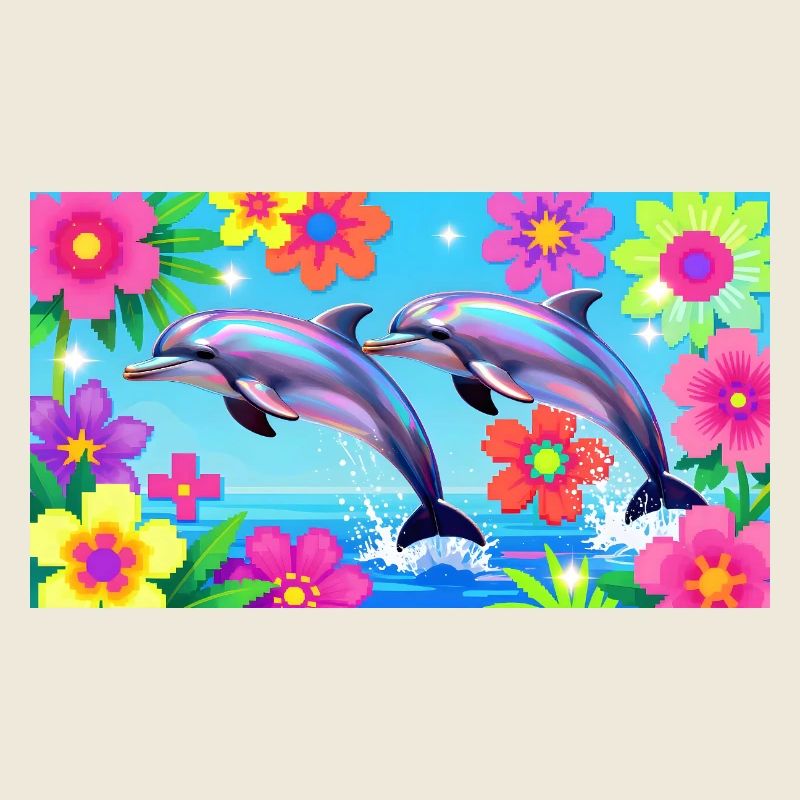 Neon-Delfin-Duo unter tropischen Blüten