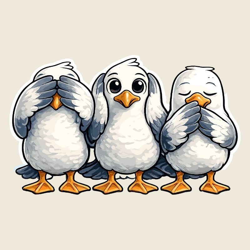 Three seagulls see nothing hear nothing say nothing