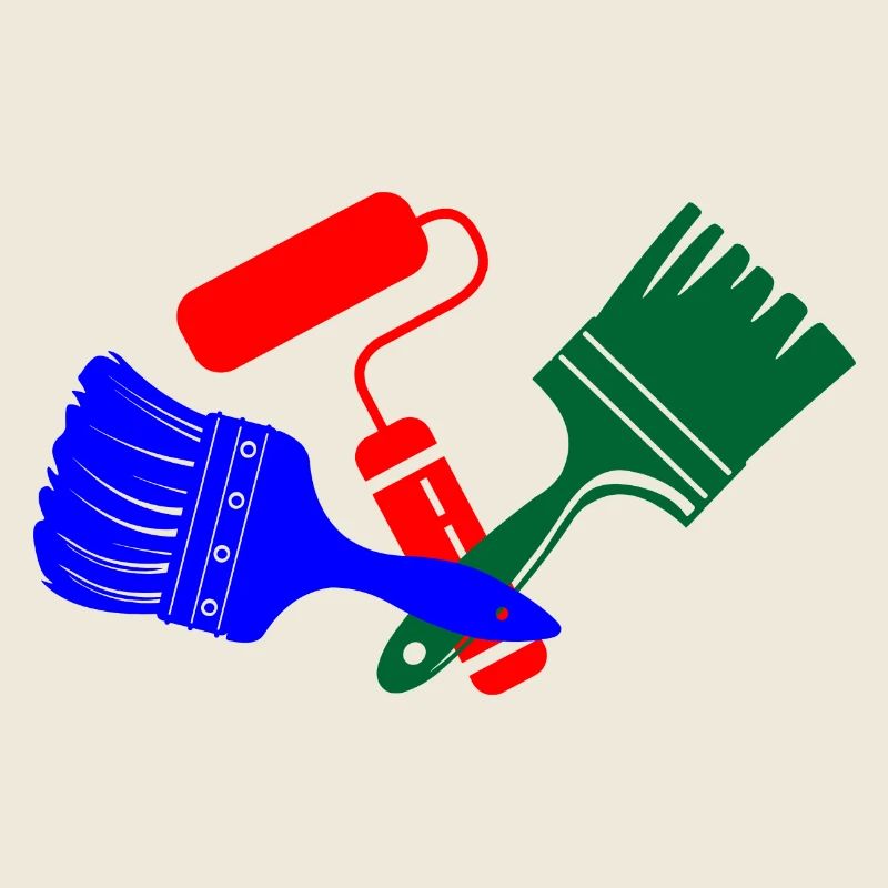 Paint brushes and paint roller in blue red green logo