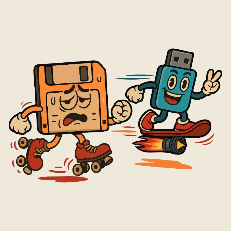 Diskette vs. USB-Laufwerk, sarkastischer 80er-Jahre-Witz