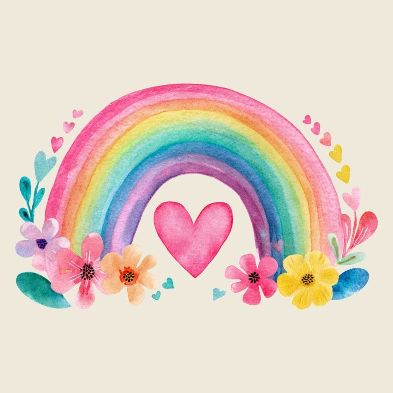 Regenbogen mit Herz & Blumen – Aquarell Liebe