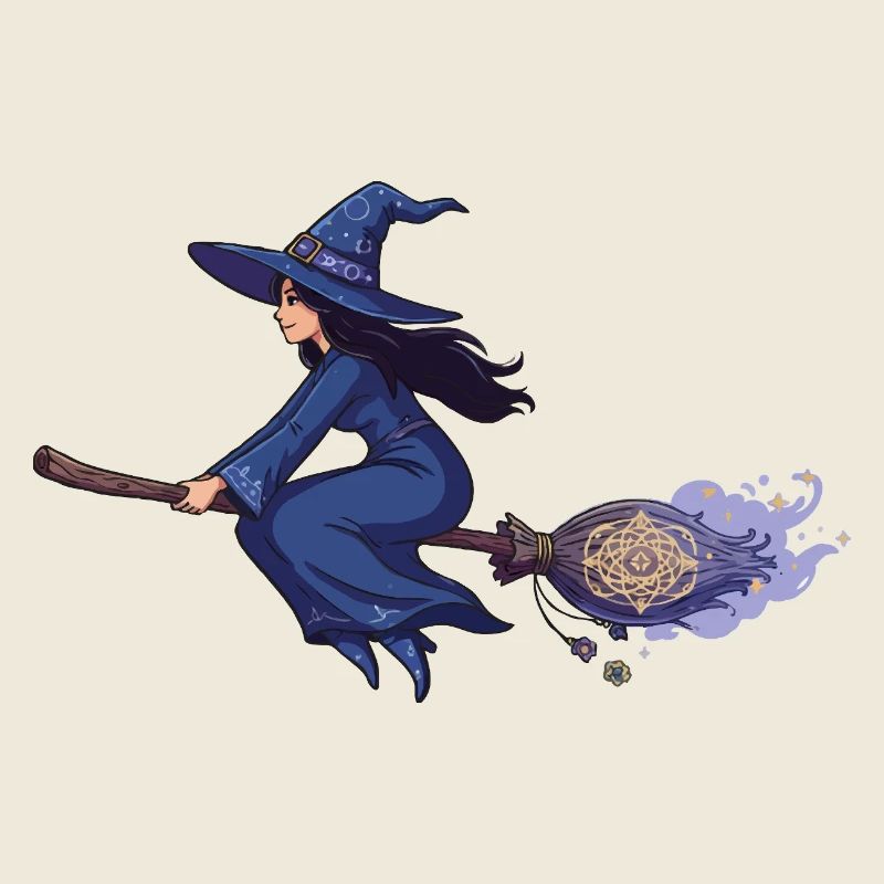Witch on Broom in Magic Blue