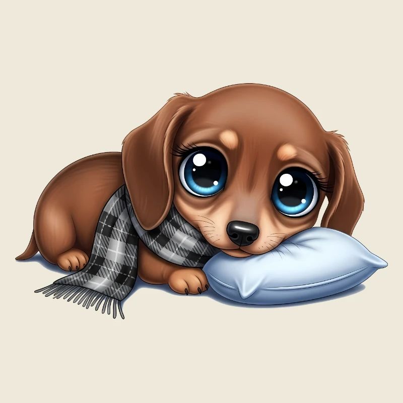 Chien câlin avec écharpe et oreiller