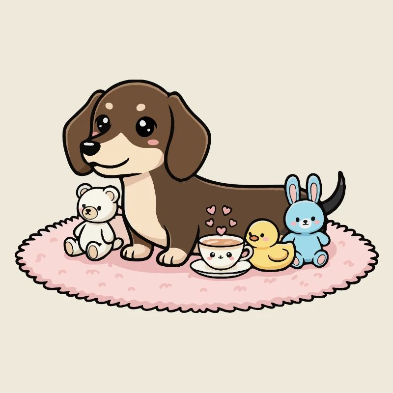 Dackel mit Kuscheltieren