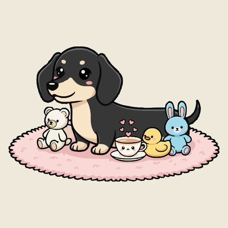 Dackel schwarz mit Kuscheltieren