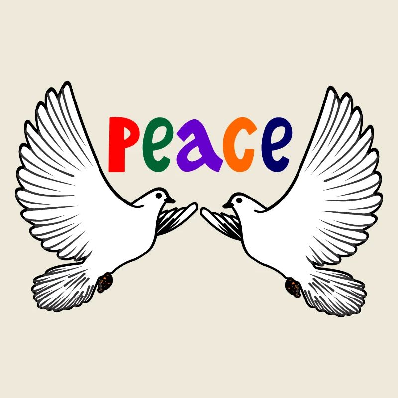 Two white doves of peace with colored text PEACE
