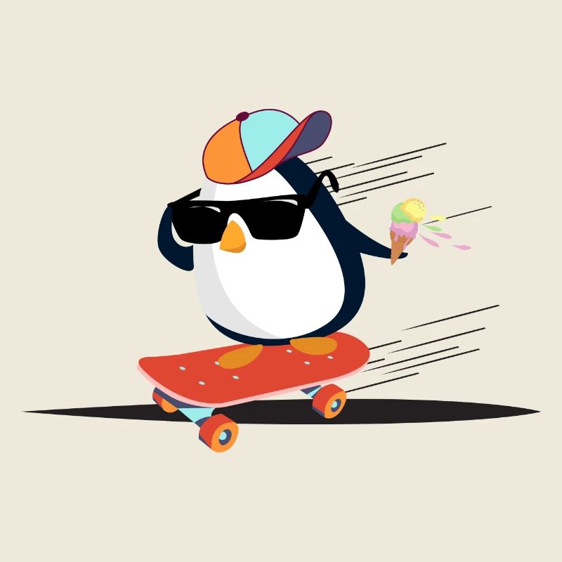 Pingouin cool sur planche à roulettes