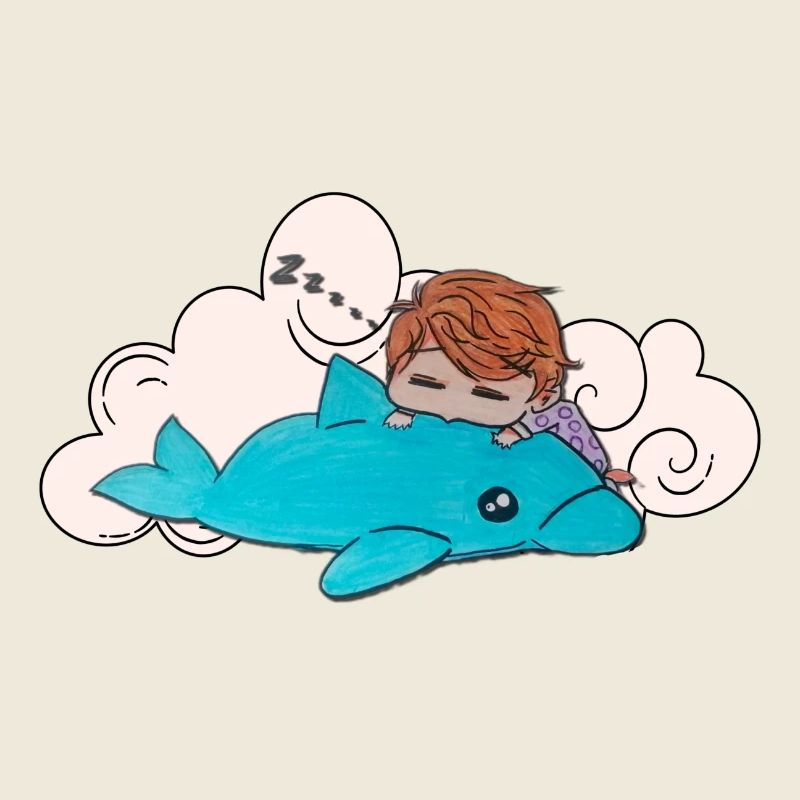 Schlafendes Kind auf blauem Delfin 