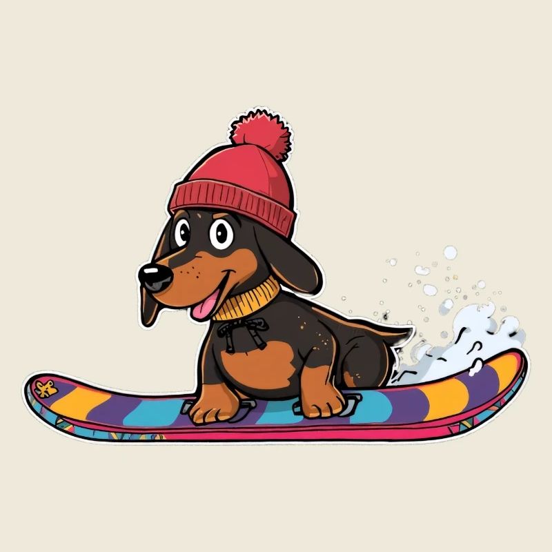 Dackel Snowboard im Winter