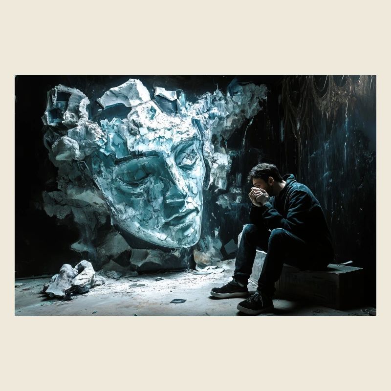 Broken statue, pensive man