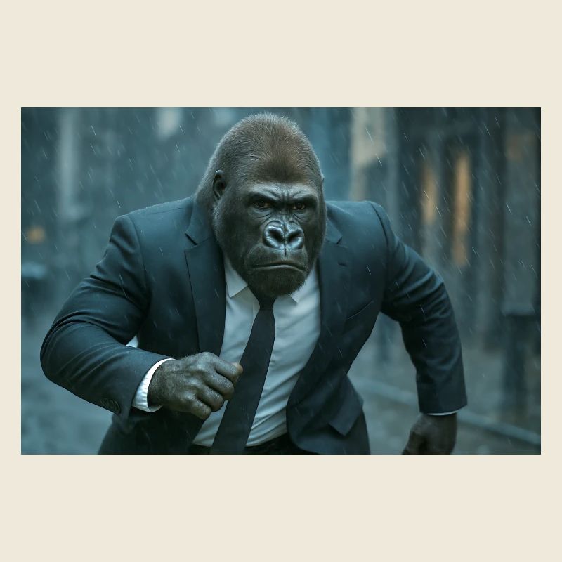 Business gorilla in rain