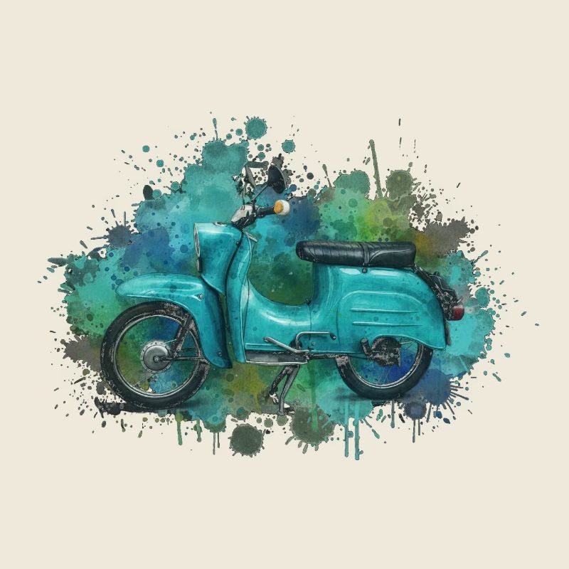 Grünes DDR Ost-Moped Schwalbe Aquarell – Retro
