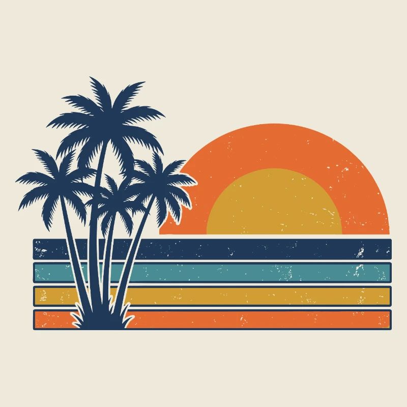 Plage d’été rétro avec des palmiers au coucher de soleil