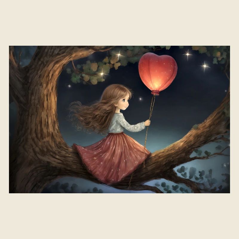Fille avec un ballon en forme de cœur sur une branche