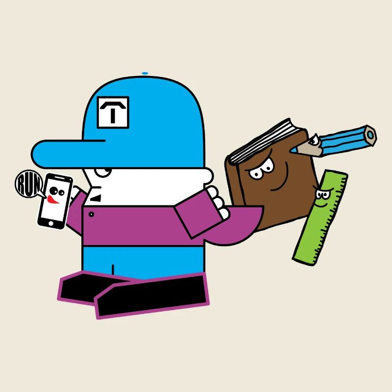 Blaues Maskottchen mit Schreibwaren-Sidekick