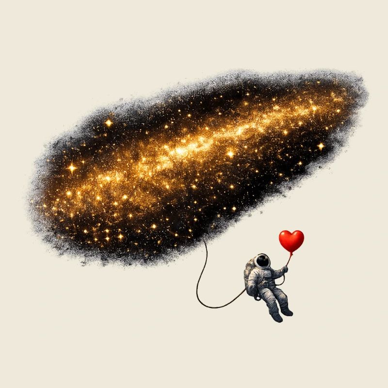 Astronaute dans le cosmos avec un ballon en forme de cœur