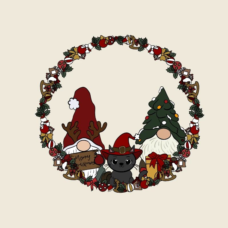 Wichtel mit Katze  im Weihnachtskranz