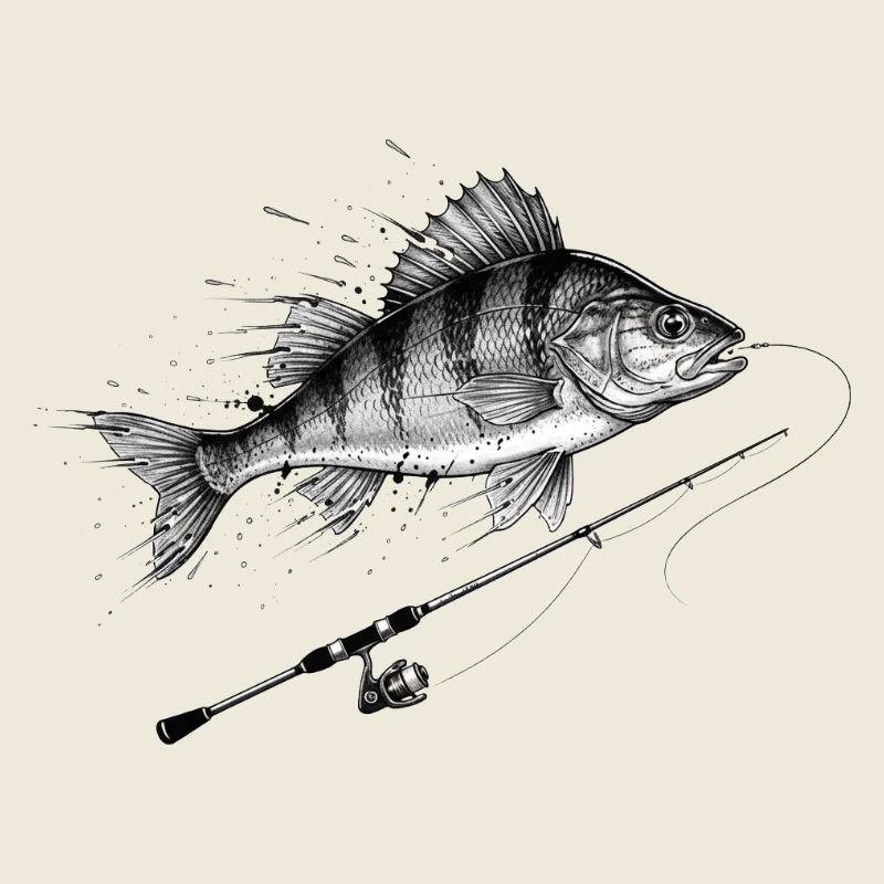 Flussbarsch Barsch Rute Angeln Ink Vektor