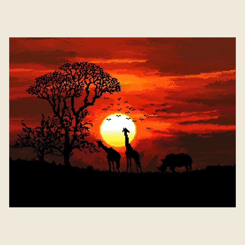 Coucher de soleil en savane africaine rétro pixel art