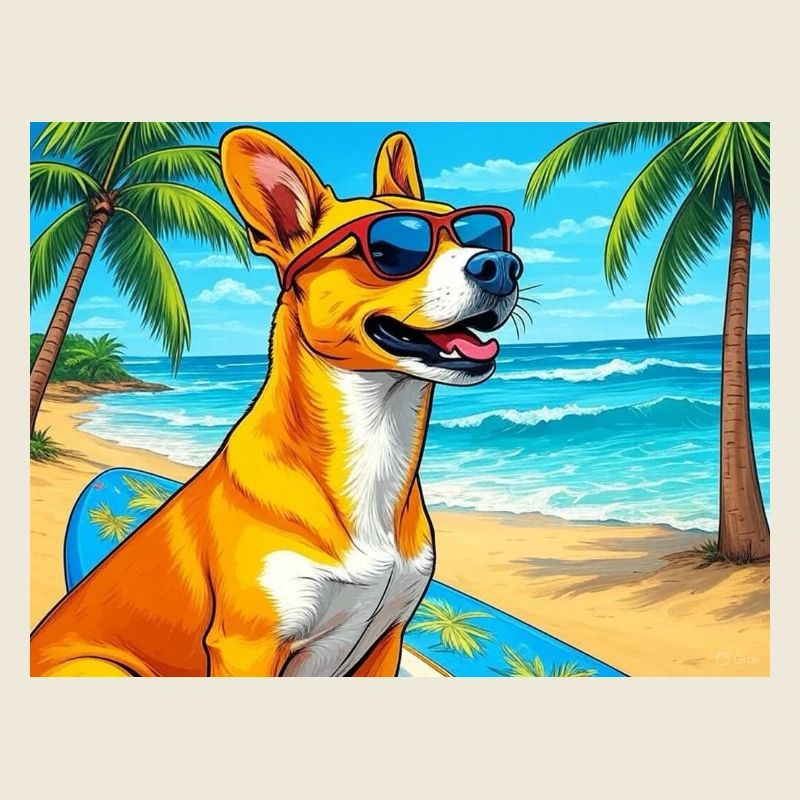 Strandhund mit Surfboard und Sonnenbrille