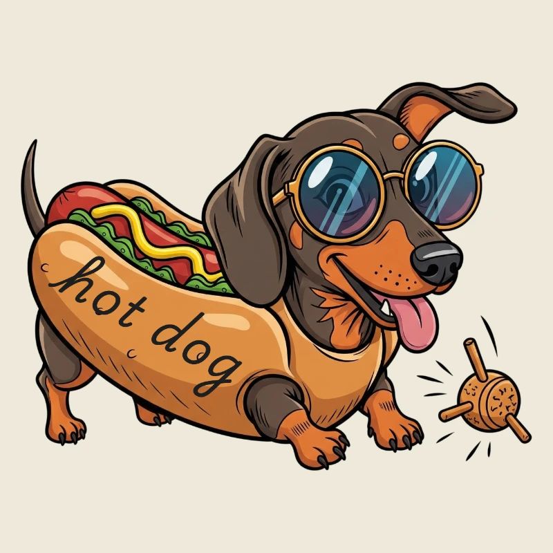 Spielender Dackel als Hot Dog
