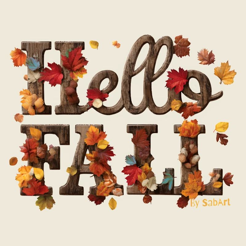 Hello Fall Warm Autumn Leaves & Wood Style Letters