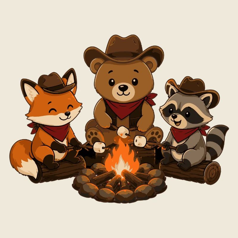 Camping animals around the campfire with marshmallows