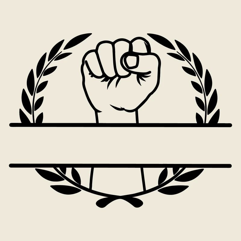 Fist held up in laurel wreath for name