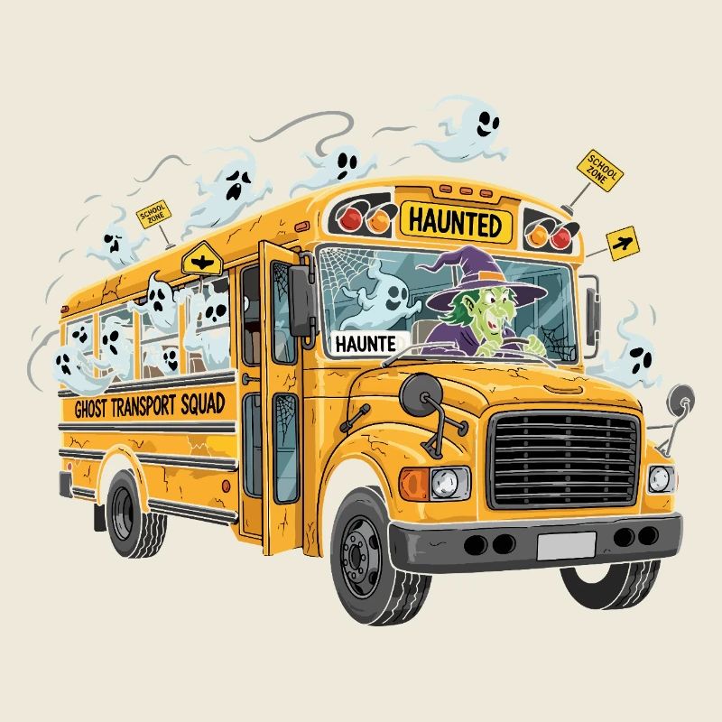 Haunted School Bus with Ghosts and Witch