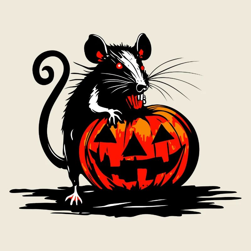Un rat grignote une citrouille d’Halloween