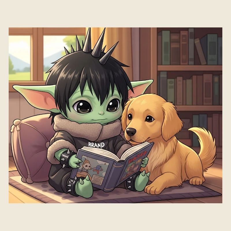 Kleiner Goblin mit Hund und Comic-Book