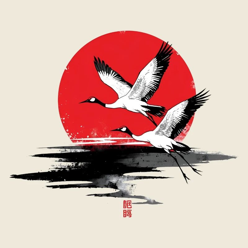 Japanese Cranes Red Sun Illustration