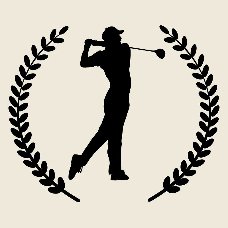 Golf player strikes ball shadow in laurel wreath