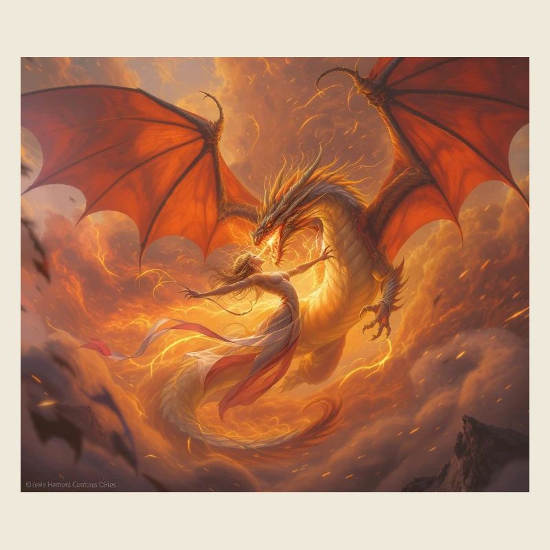 Feuerdrache mit Phönix auf den Wolken