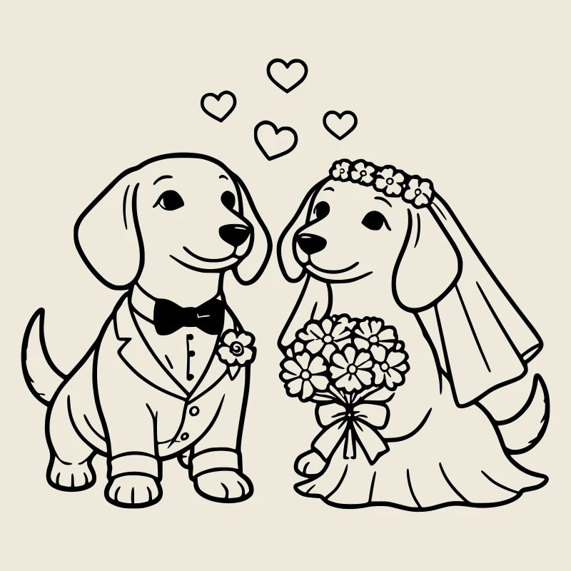 Mariage des teckels Dessin minimaliste au trait