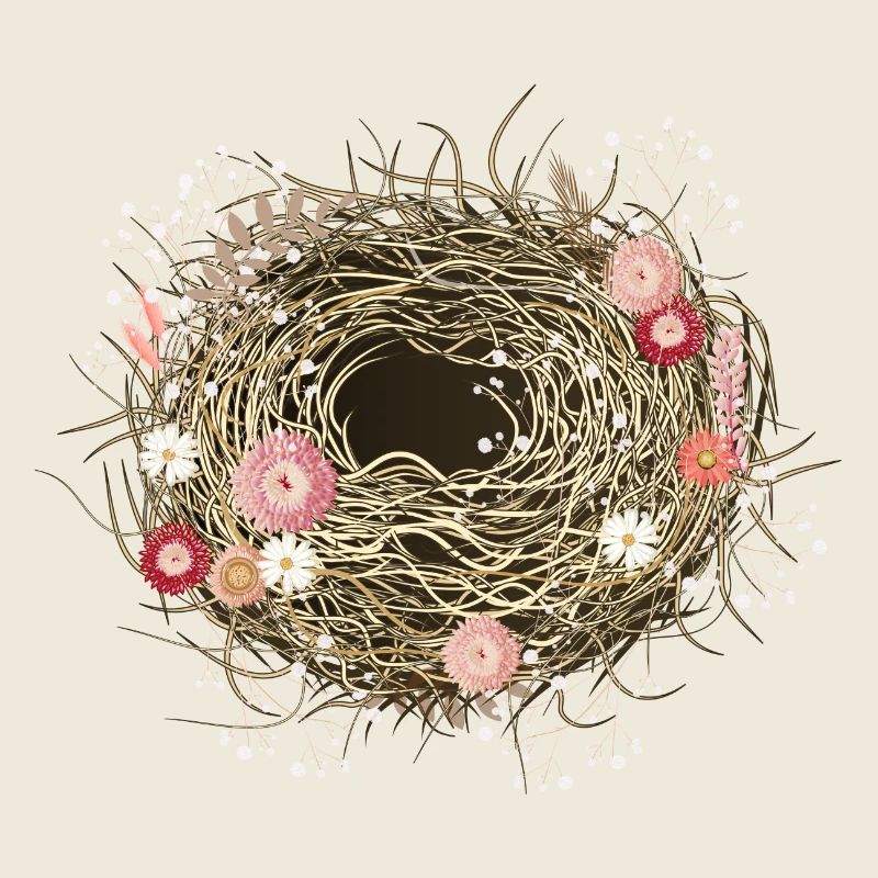 empty bird's nest or easter basket with dried flowers